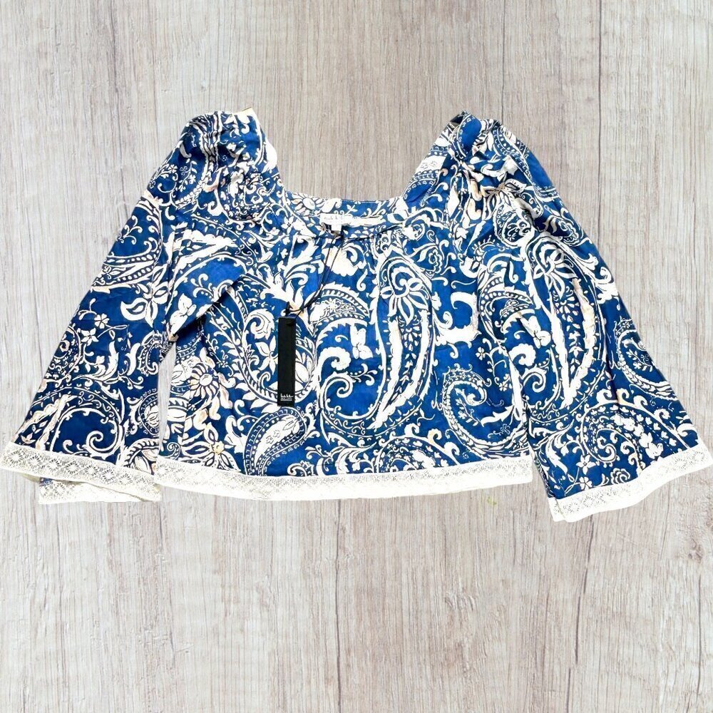 NWT NICOLE MILLER Paisley Blue White Swing Cropped Boho Lace Trim Top Blouse S